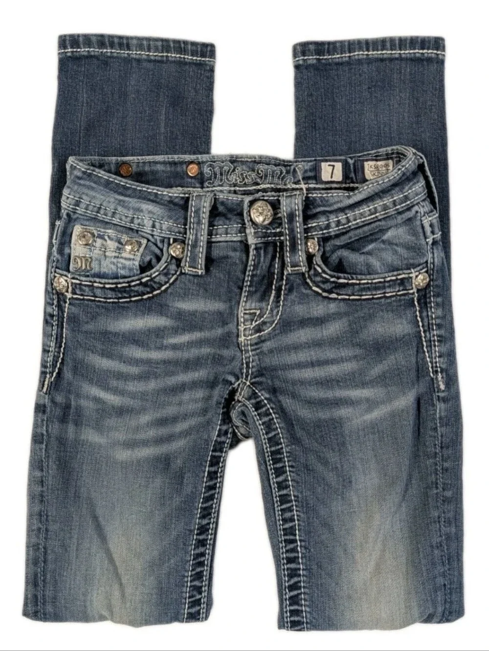 Miss Me Girls Size 7 Skinny Jeans Cross Rhinestone Pocket JK5899S Blue Stretch